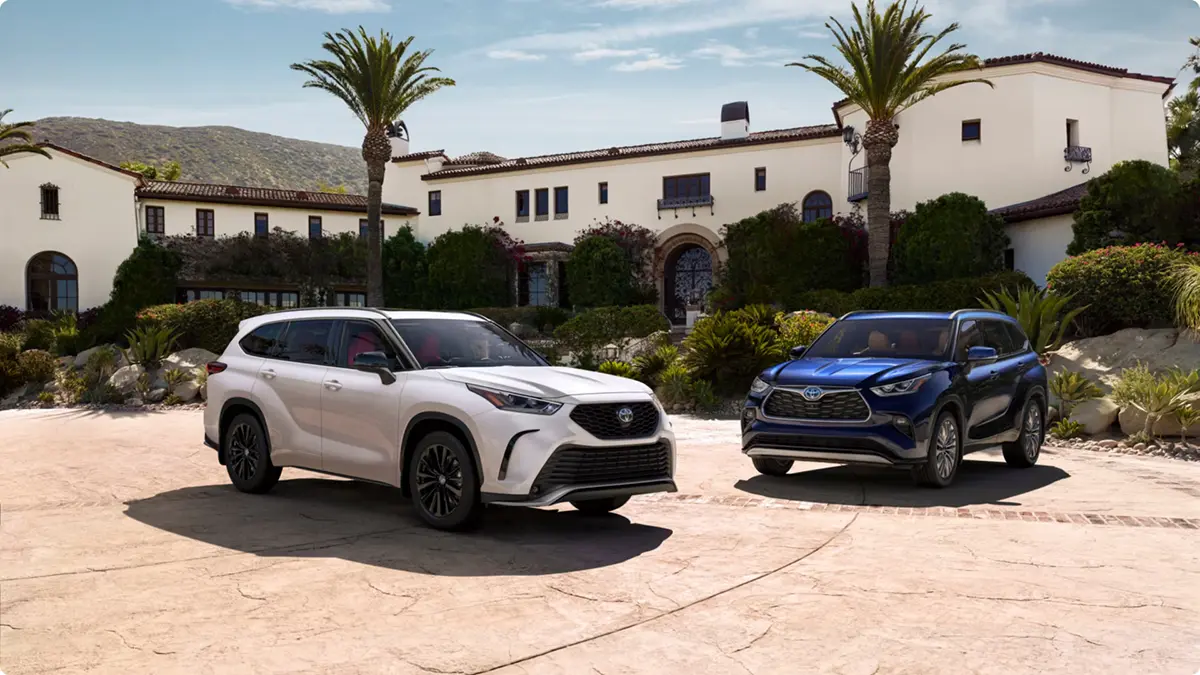 White and blue Toyota Highlander SUVs parked in front of a stucco building